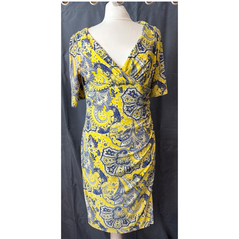 Ralph Lauren Yellow Navy Paisley Ruched Sheath Dress SZ 12 Short Sleeve